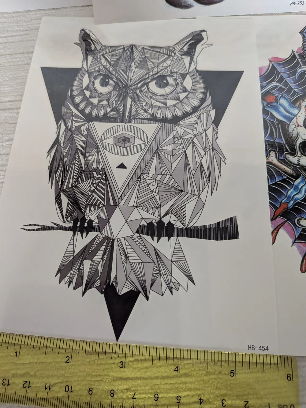 Temporary Tattoos Large Sized Set Of 8 Owls ,Eagles, Snakes, Skulls, Etc